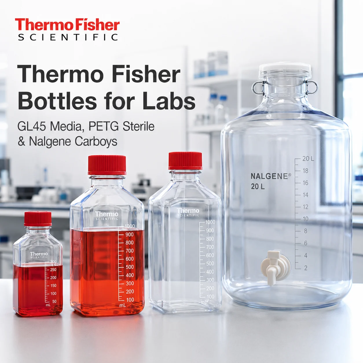 Thermo Fisher Bottles for Labs — GL45 Media, PETG Sterile & Nalgene Carboys
